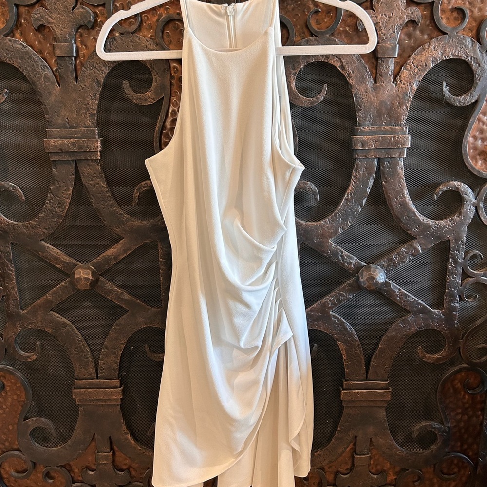 Badgley Mischka Daphne Stretch Crepe Halter Neck Asymmetrical Hem Dress - Picture 3 of 6